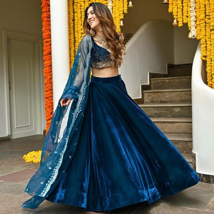 Lehenga Designs Blue Colour, Velvet Lehnga Ideas, Blue Velvet Suits Women, Blue Lehenga Outfit, Velvet Lehenga Designs, Diy Alice In Wonderland Costume, Velvet Lengha, Diy Alice In Wonderland, Indian Bridesmaid Dresses