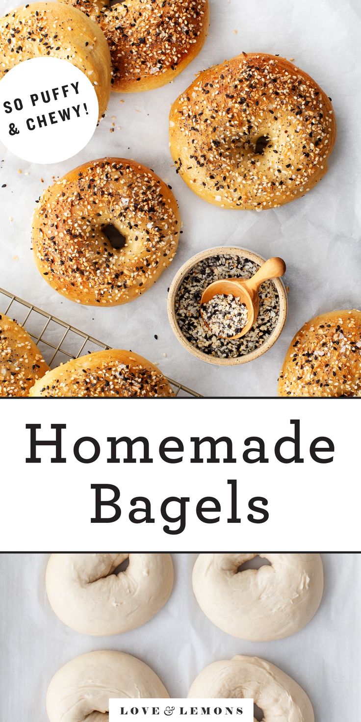 homemade bagels with poppy seed sprinkles on top and in the background