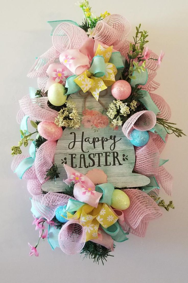 a happy easter wreath with eggs and flowers