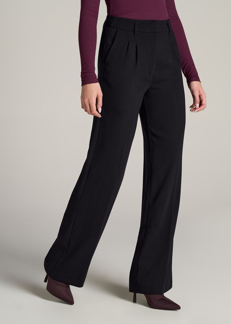 About Our Extra-Long Women’s Dress Pants Make a statement in these stylish pleated women’s tall dress pants. Pleated trousers are a timeless trend you’ll love and now, there’s finally a pair that will accentuate your long legs. These pants for tall women have been designed specifically for ladies between 5’9” and 6’6”, with a full length offering extra-long inseam options. They have a high-rise silhouette that gives the appearance of a cinched waist, complete with a fly zipper and hook and bar c