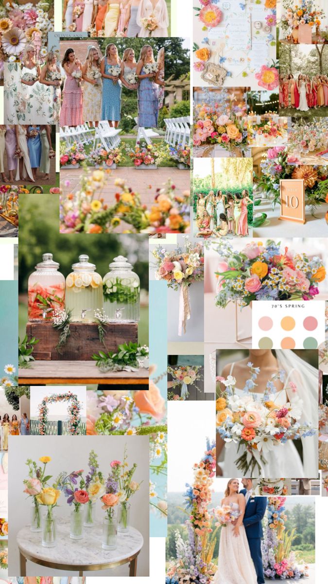 a collage of photos with flowers and vases on them, including the bride's bouquet