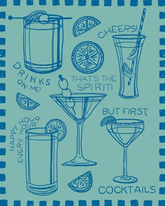 Blue Cocktails Print Drink Art Print, Happy Hour Themes, Drinking Graphics, Drinking Sayings, Drink Prints, Drink Posters, Every Hour Is Happy Hour, Cocktail Prints, Shot Book