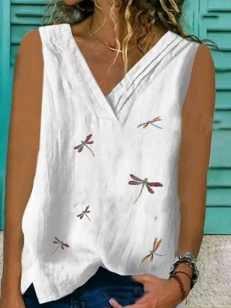 Sleeveless Cotton-blend Shirts & Tops Top Sewing, Casual Tanks, Vest White, Dragonflies, Sleeveless Tank Top, Sleeveless Tank, Eminem, Sleeveless Blouse, White Tops