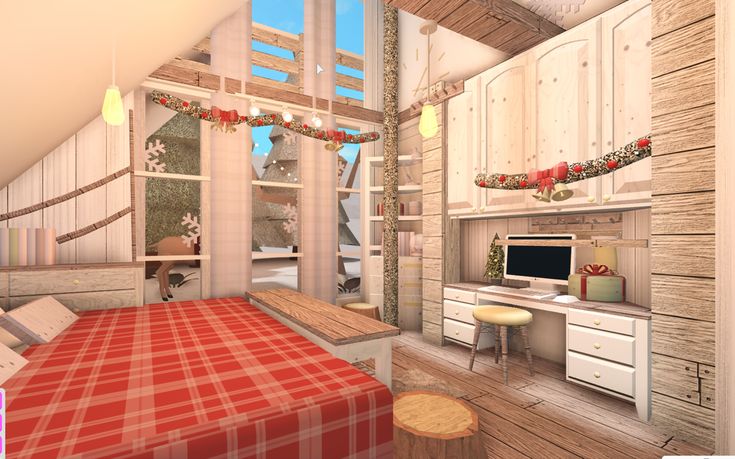 Bloxburg Winter House 1 Story, Aesthetic Christmas Bloxburg House, Small Christmas Bloxburg House, Bloxburg Xmas Bedroom, Bloxburg Winter Interior, Christmas Bloxburg Bedroom Ideas, Bloxburg Winter House Ideas Interior, Bloxburg Christmas Decorating Ideas, Christmas Bloxburg Decor