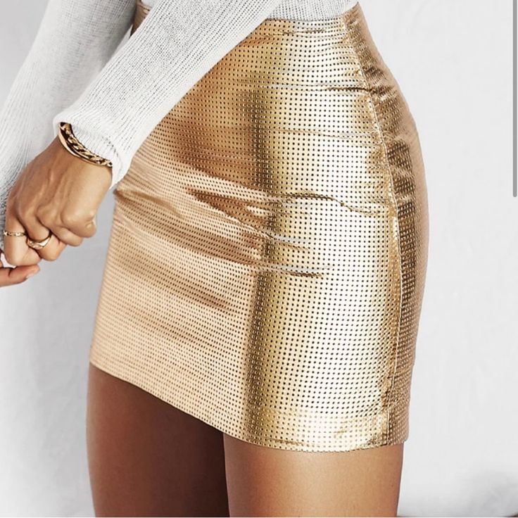 Brand New, Never Worn, All Things Golden (Australian Designer) Gold Mini Skirt Gold Fitted Skirt For Party Season, Trendy Fitted Metallic Mini Skirt, Gold Pencil Skirt For Party, Glamorous Gold Mini Skirt, Gold Mini Skirt For Parties, Gold Mini Skirt For Night Out, Chic Metallic Mini Skirt, Glamorous Fitted Gold Mini Skirt, Metallic Mini Skirt For Party Season