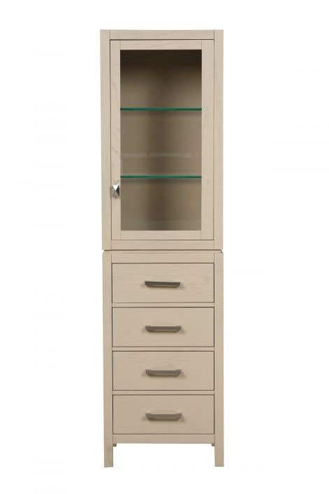 a tall cabinet with glass doors and drawers on the bottom shelf, in light beige