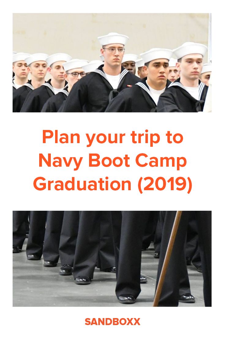 a group of sailors standing in formation with the words plan your trip to navy boot camp graduation 2019