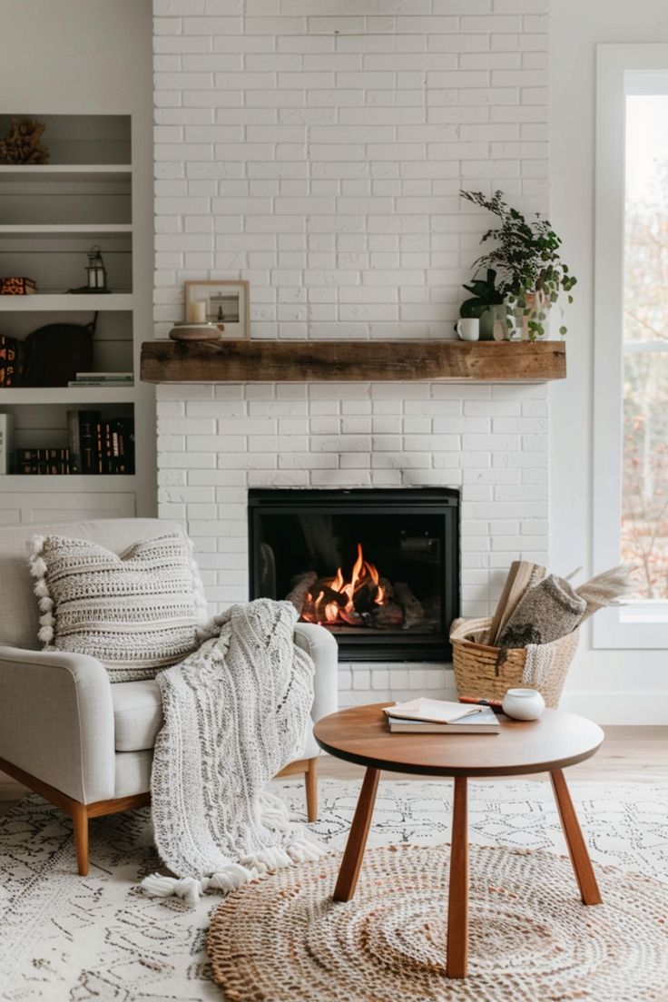 a living room with a fire place and white brick fireplace