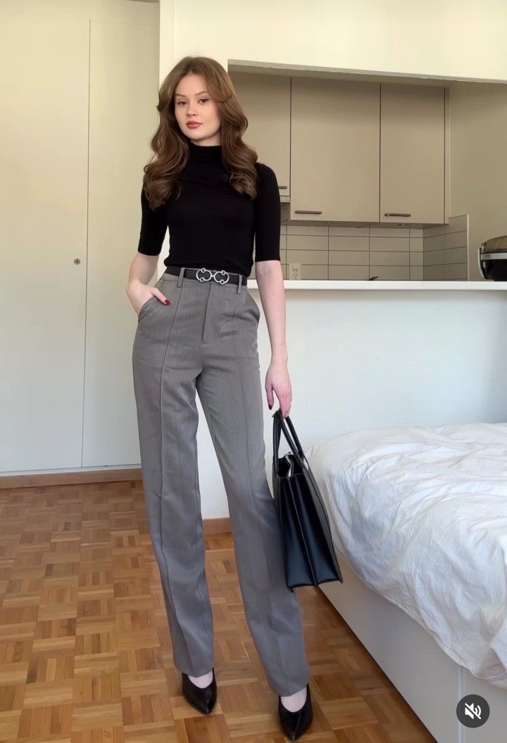 Grey Pants Business Casual Women, 80s Fashion Office Work Outfits, Old Money Slacks Outfit, How To Style Grey Slacks Women, Apricot Shirt Outfit, Work Outfits Women Grey Pants, Psychiatrist Outfit Professional Women, Grey Shirt Outfit Women Work, Grey Classic Pants Outfit