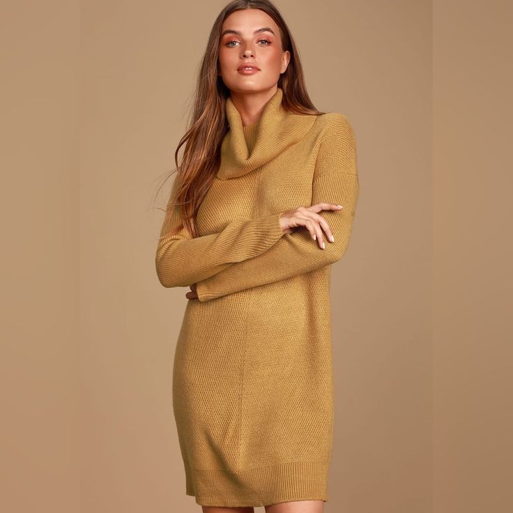 New Lulus Tea Reader Camel Sweater Dress Size Xsmall Lulus Exclusive! With The Lulus Tea Reader Camel Sweater Dress, We See A Day Of Snuggling Up Fireside In Your Future! Soft, Medium-Weight Knit Offers A Cozy Fit With A Cowl Neck And Long, Fitted Sleeves. Relaxed Bodice Falls Effortlessly To A Ribbed Hem. Fit: This Garment Fits True To Size. Length: Mid-Thigh. Bust: Great For Any Cup Size. Waist: Not Fitted - Comfortable Room Throughout Midsection. Hip: Not Fitted - Room For Hips. Unlined Fabri What Colours Suit Me, Camel Sweater Dress, Camel Sweater, Cold Weather Dresses, Trendy Work Outfit, Camel Dress, Church Clothes, Dresses Lulus, Cowl Neck Sweater Dress