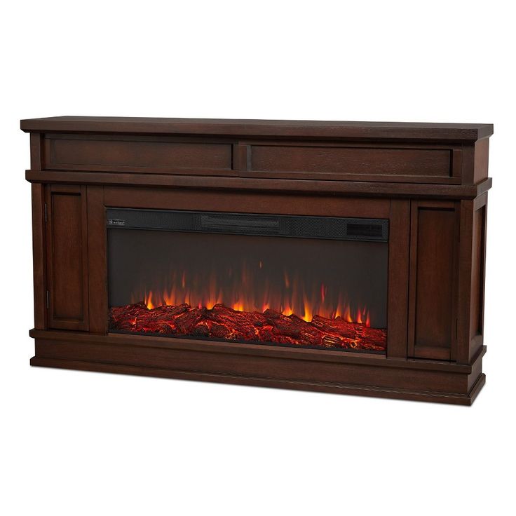 an electric fireplace with red flames in the center and dark wood frame, against a white background