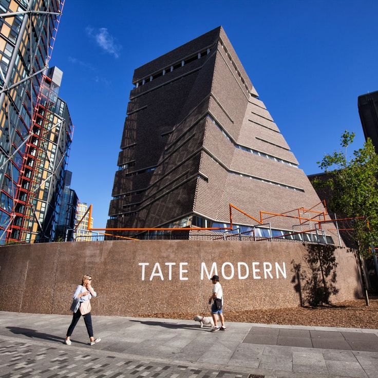 two women walk past the tate modern building