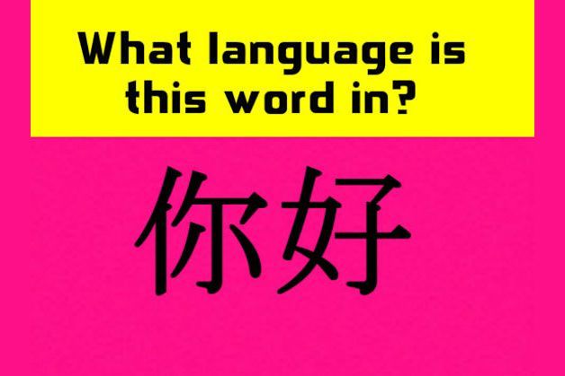 a pink and yellow poster with the words what language is this word in? on it