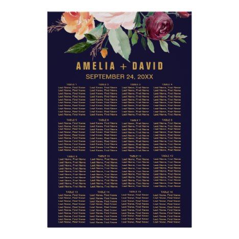 a wedding seating chart with flowers and leaves in navy blue, gold and pink colors