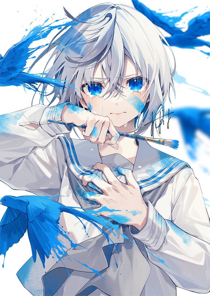 an anime character with white hair and blue eyes holding a paintbrush in his hand