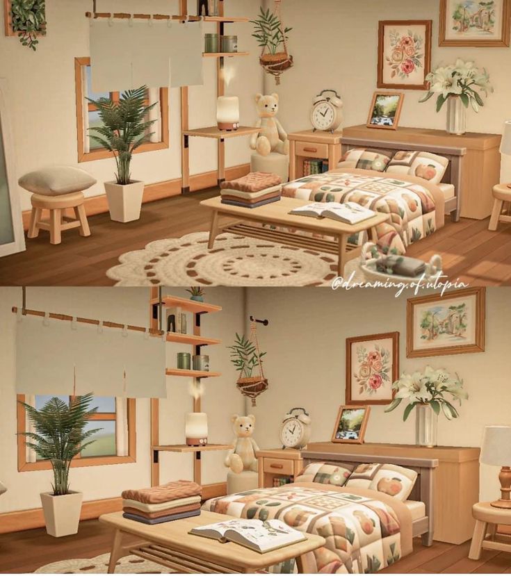 two pictures of a bedroom with furniture and decor