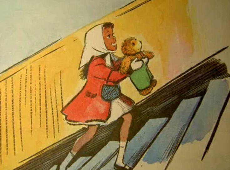 an illustration of a girl holding a teddy bear on the escalator with her hand