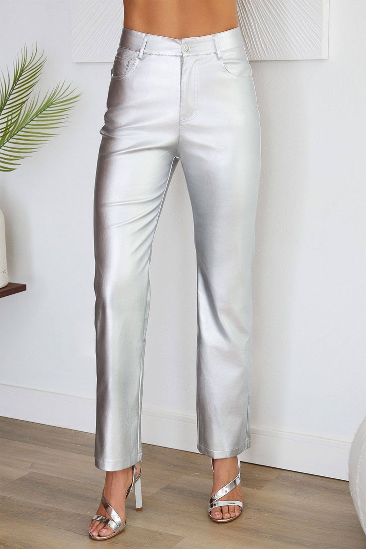 Luna Silver Vegan Leather Pants | Uniquely Claudia Boutique Sleek Wide Leg Leather Pants For Spring, Chic Straight Leg Leather Pants, Sleek Metallic Bottoms, Chic Faux Leather Straight Leg Pants, Trendy Leather Bottoms For Formal Occasions, Elegant Faux Leather Wide Leg Pants, Chic Faux Leather Straight Leg Bottoms, Elegant Wide Leg Faux Leather Pants, Modern Metallic Straight Leg Pants