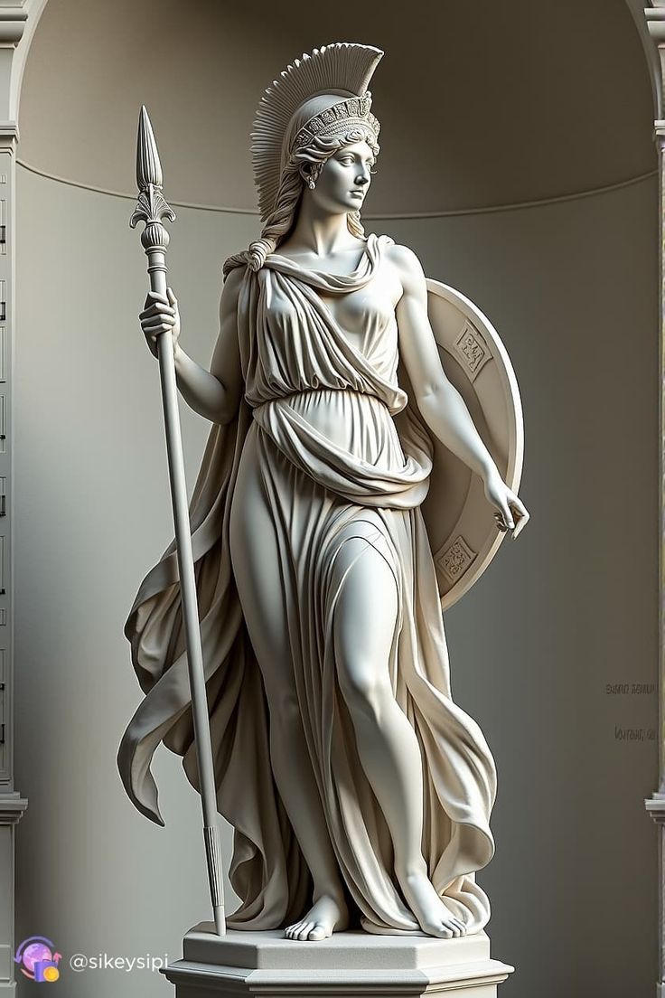 a statue of a woman holding a spear and shield in front of a wall with columns