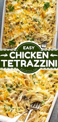 an easy chicken tetrazzini casserole in a white dish with a fork