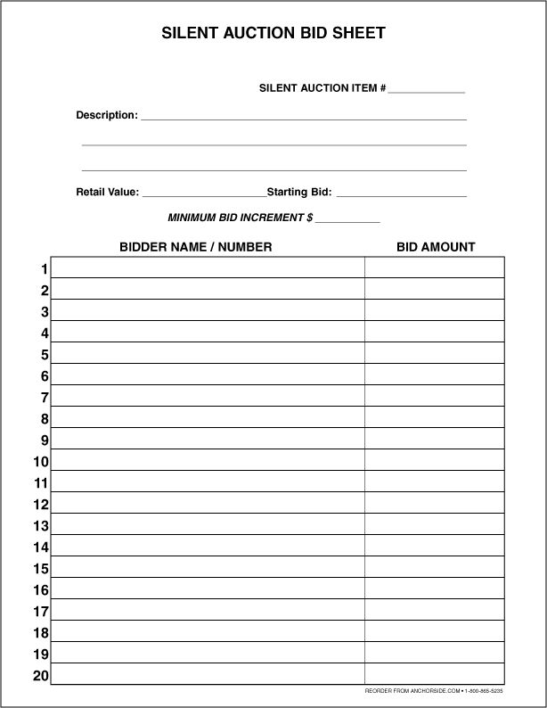 the silent auction sheet is shown in black and white