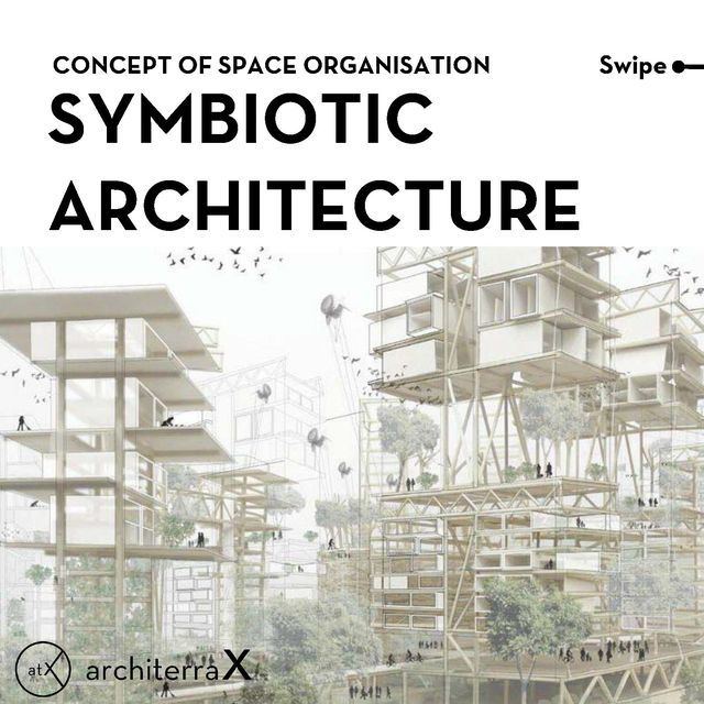 an advertisement for the concept of space organization's symbolic architecture, which includes scaffolding and trees