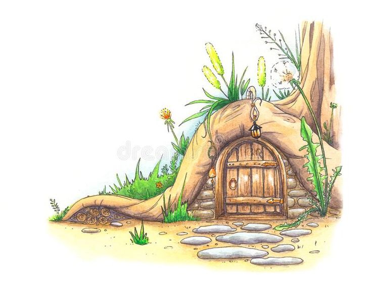 an illustration of a fairy house in the woods with a door and stone path leading to it