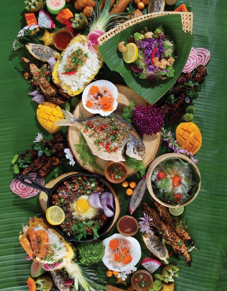 an overhead view of many different types of food