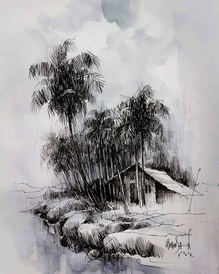 a black and white drawing of palm trees in the water with a house on it