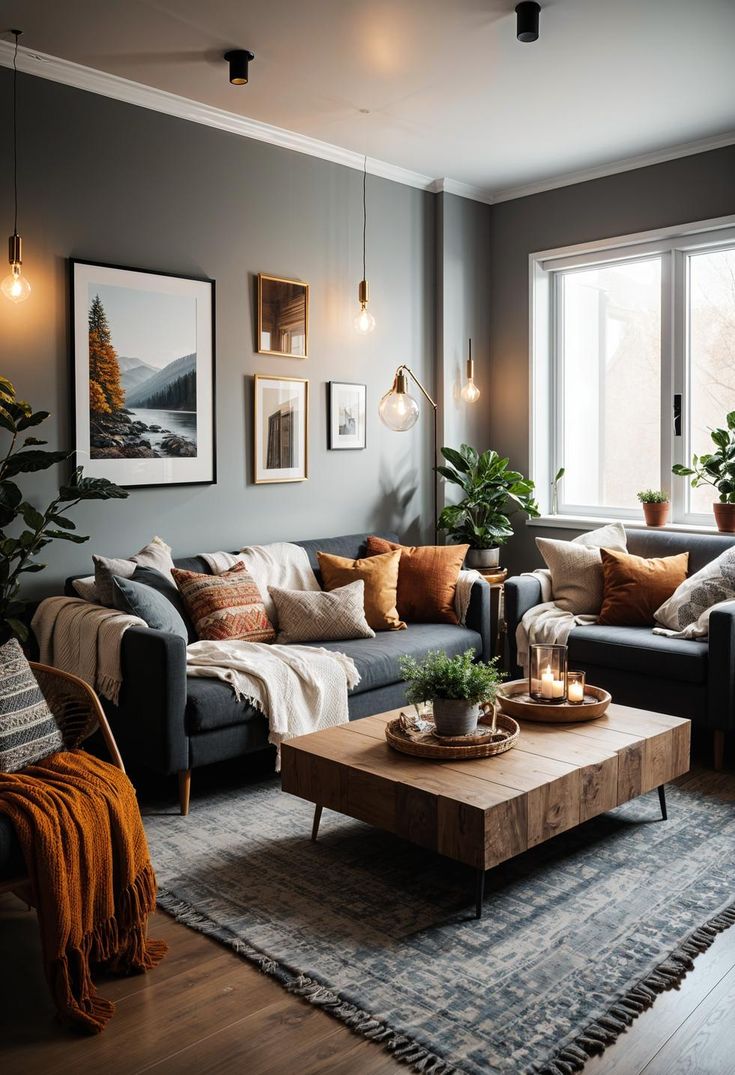 a living room with two couches, a coffee table and pictures on the wall