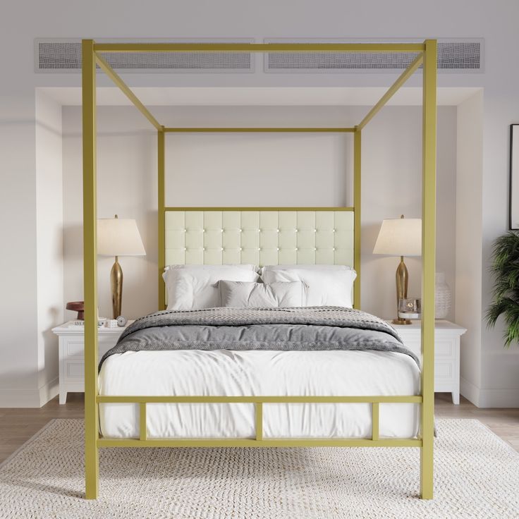 a bedroom with a four poster bed and white linens on the pillows, along with potted plants