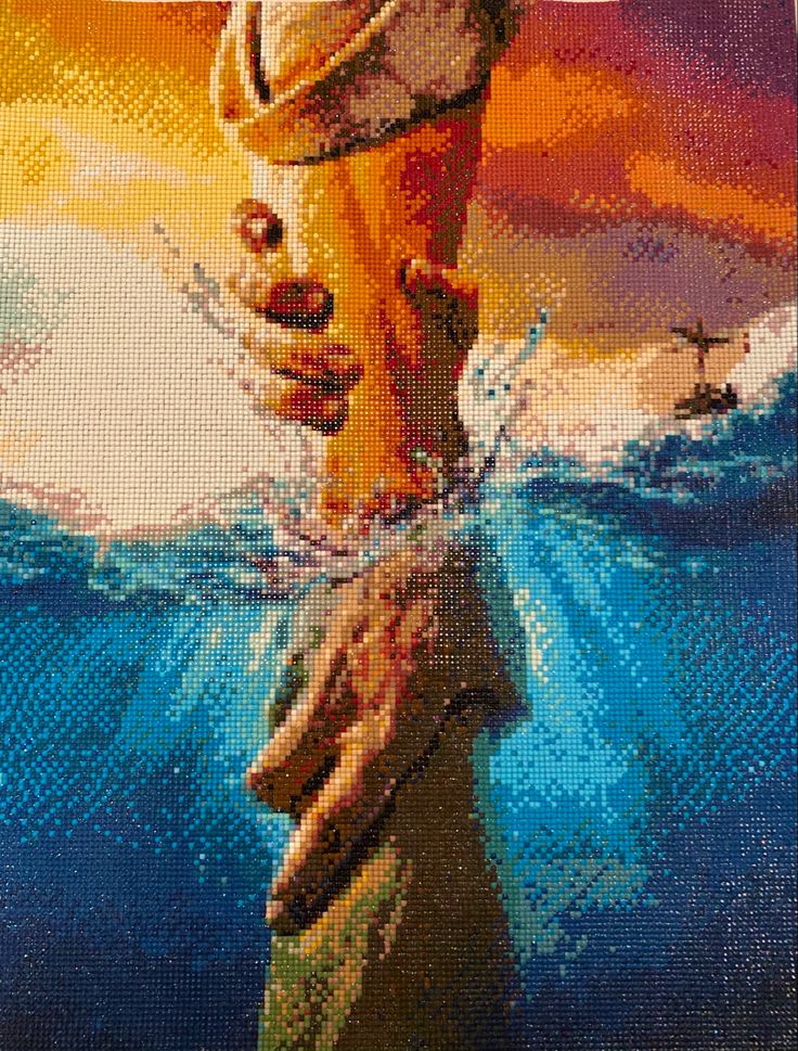 a painting of a man standing on top of a pole in the water with his arms outstretched