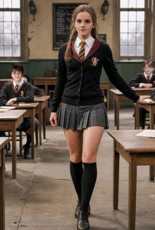 a girl in a school uniform is walking down the hall with her hands on her hips