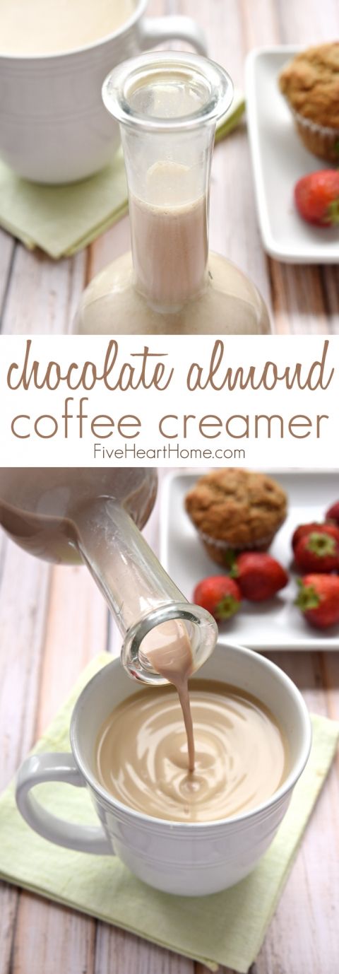 chocolate almond coffee creamer is being poured into a cup