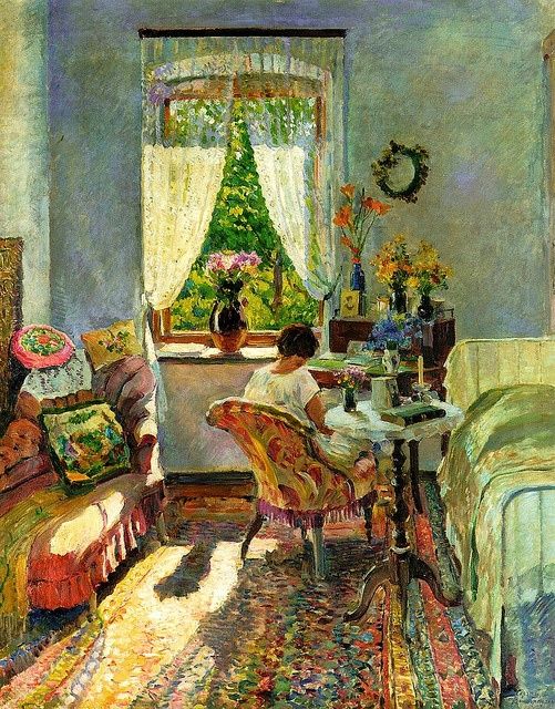 a painting of a woman sitting at a table in front of a bed and window