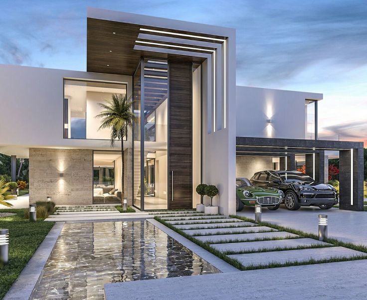 an artist's rendering of a modern house with a car parked in the driveway