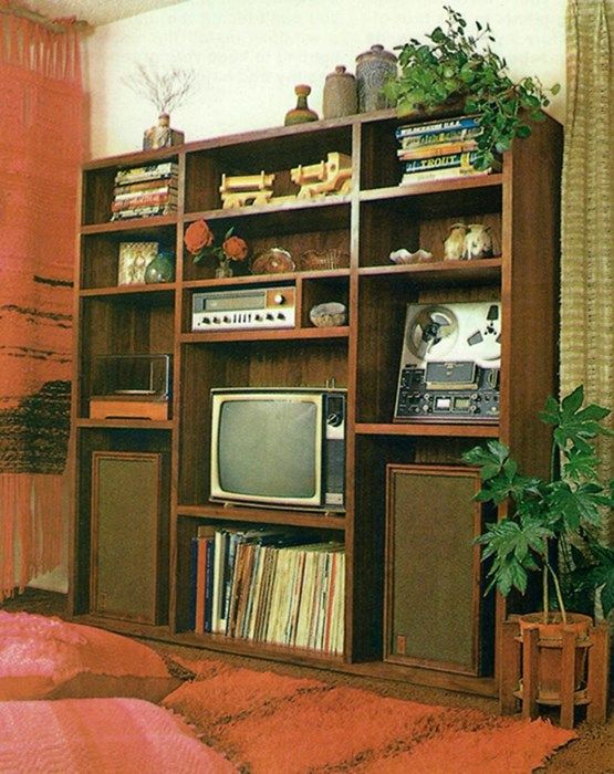 a living room with an old fashioned television and bookshelf in the corner, next to a potted plant