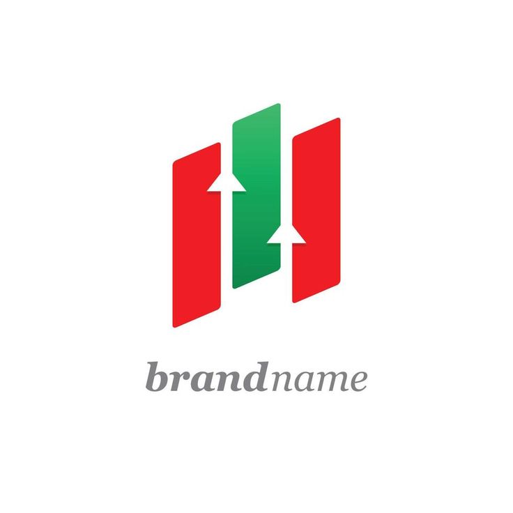 the logo for brand name with an arrow pointing up to it's right side