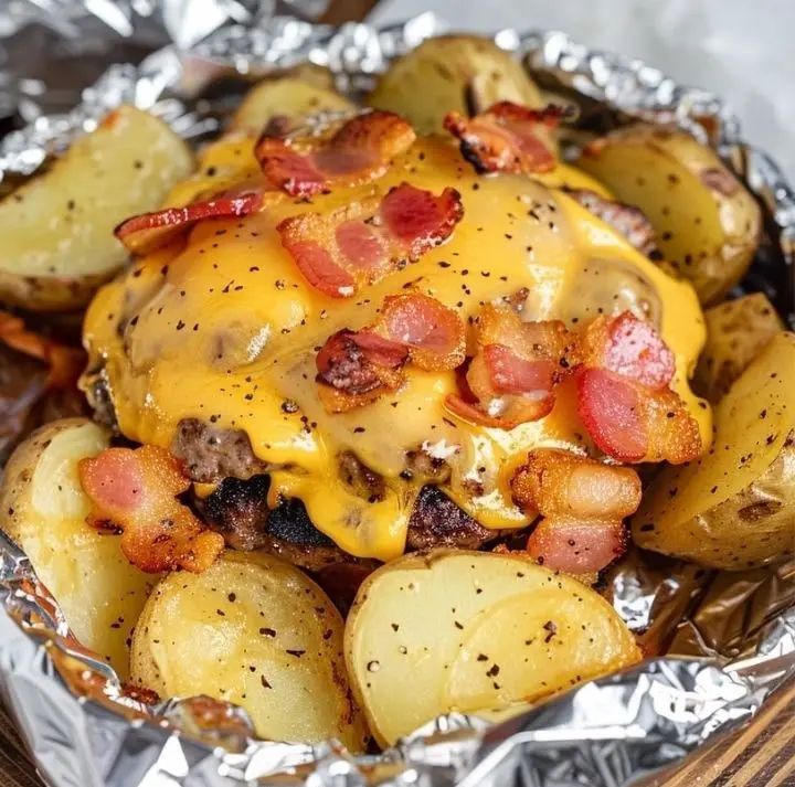 potatoes covered in cheese and bacon on top of foil