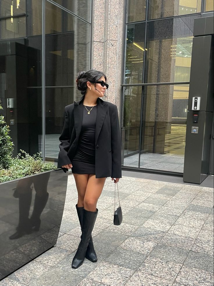 Long Black Boots Going Out Outfit, Blazer Skirt Knee High Boots, Tall Black Boots And Skirt Outfit, Lbd Knee High Boots, Bellow Knee Boots Outfit, Dressy Outfits With Knee High Boots, Blazer And High Boots, Black Skirt And Black Blazer Outfit, Over The Knee Heels Outfit