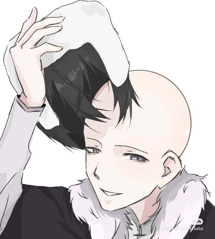 an anime character with black hair and white fur collar holding his head in the air