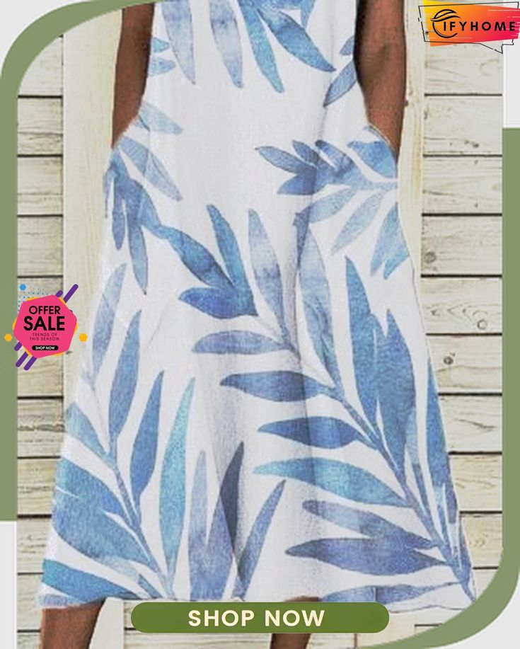 Casual Leaves Sleeveless Dresses Blue Sleeveless Dress With Pockets For Summer, Blue Sleeveless Maxi Dress With Pockets, Sleeveless Blue Maxi Dress With Pockets, Sleeveless Maxi Dress With Pockets For Vacation, White Casual Midi Sleeveless Dress, White Casual Midi Length Sleeveless Dress, Casual A-line Sleeveless Dress, White Sleeveless Maxi Dress With Pockets, White Sleeveless Midi Dress With Pockets