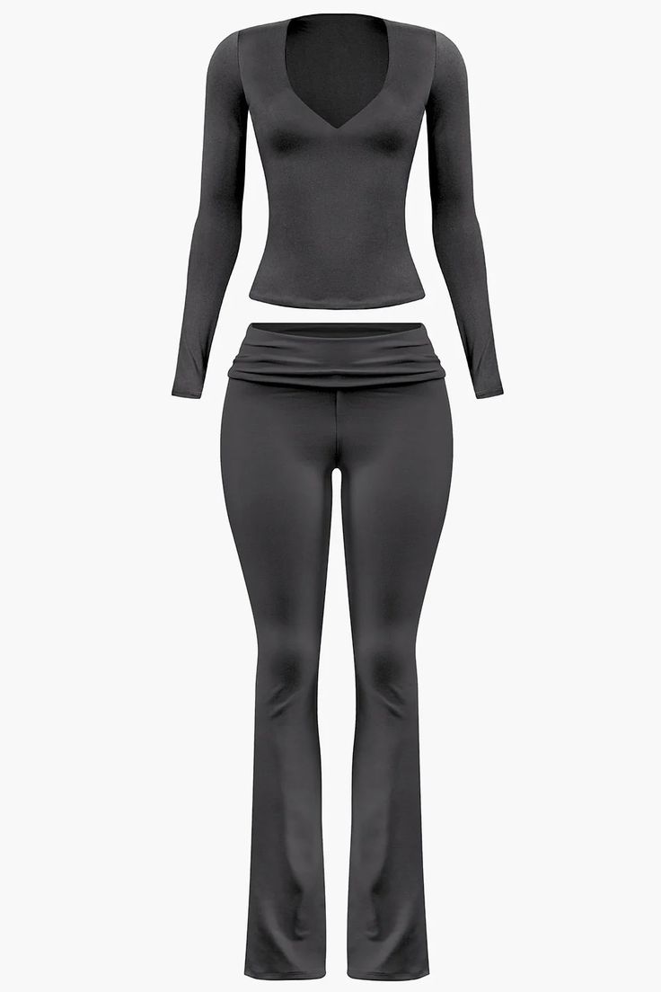 ALYCIA V-NECK TOP & YOGA PANTS SET – BLACK + MOON Black Fitted Mid-rise Yoga Pants, Versatile Full-length Black Yoga Pants, V-neck Seamless Yoga Crop Top, V-neck Elastane Yoga Tops, Black V-neck Yoga Activewear, Yoga Flare Pants, Black Moon, V Neck Tops, Flare Pants