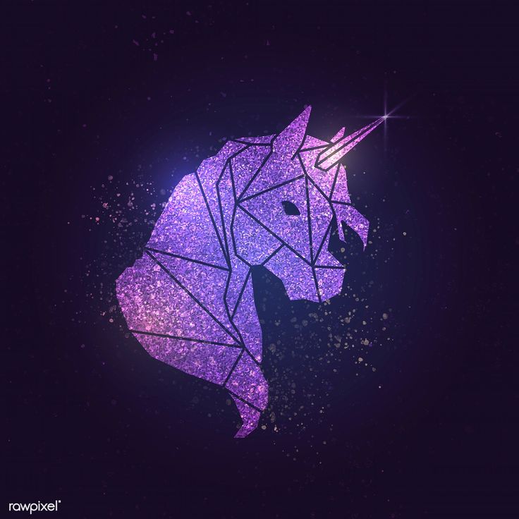 the silhouette of a purple unicorn on a dark background with stars and sparkles around it