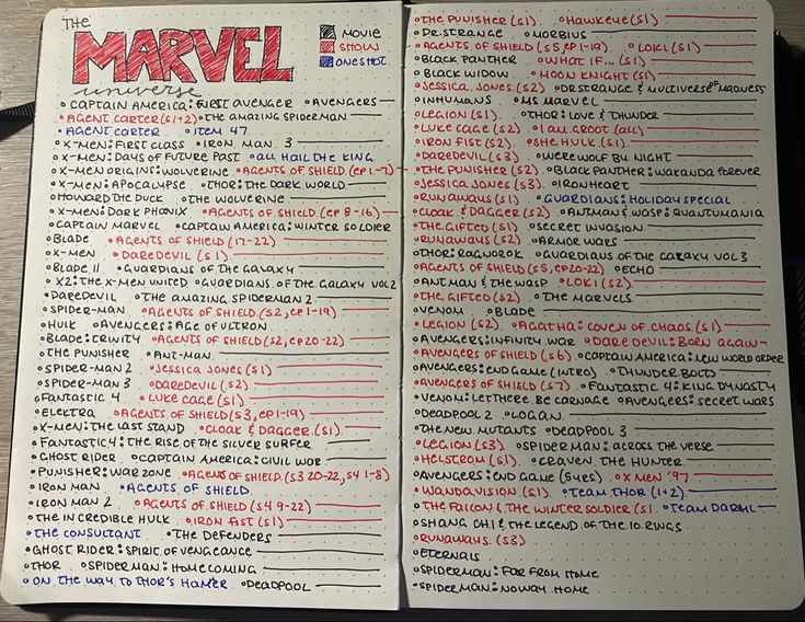 an open notebook with writing on it and the words'marvel'written in red