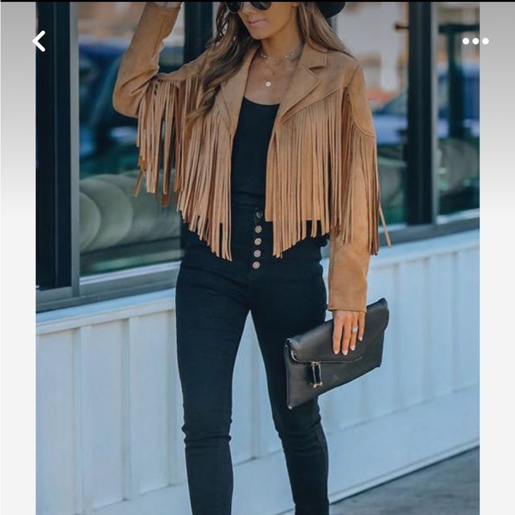 See Size Info In Picture. Chic Winter Fringe Outerwear, Winter Fringe Outerwear, Chic Leather Jacket With Fringe For Fall, Chic Long Sleeve Cropped Jacket For Fall, Trendy Cropped Jacket For Fall Day Out, Chic Leather Jacket With Fringe And Long Sleeves, Chic Long Sleeve Leather Jacket With Fringe, Trendy Winter Outerwear With Fringe, Chic Leather Jacket With Fringe