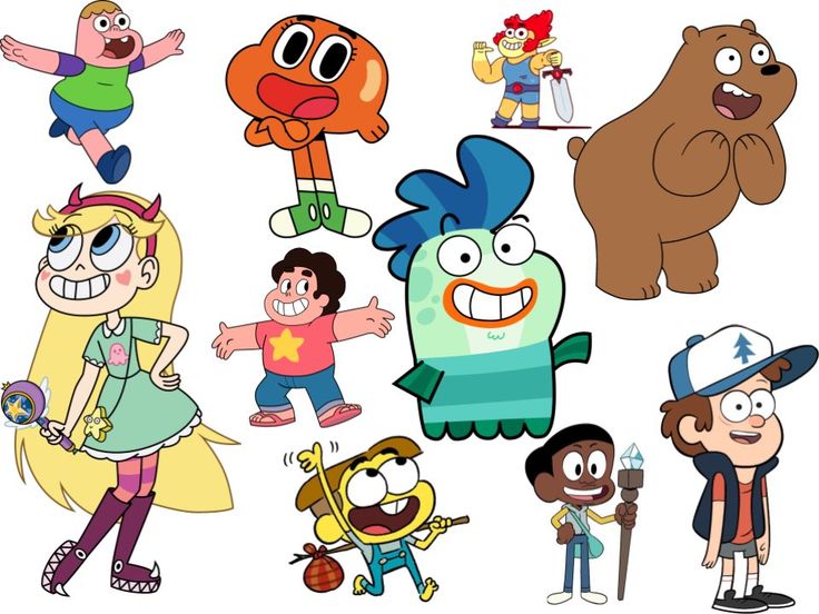 cartoon characters are grouped together in this image