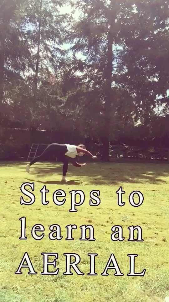 a person doing a handstand on the grass with trees in the background and text that reads, steps to learn an aerial hand stand