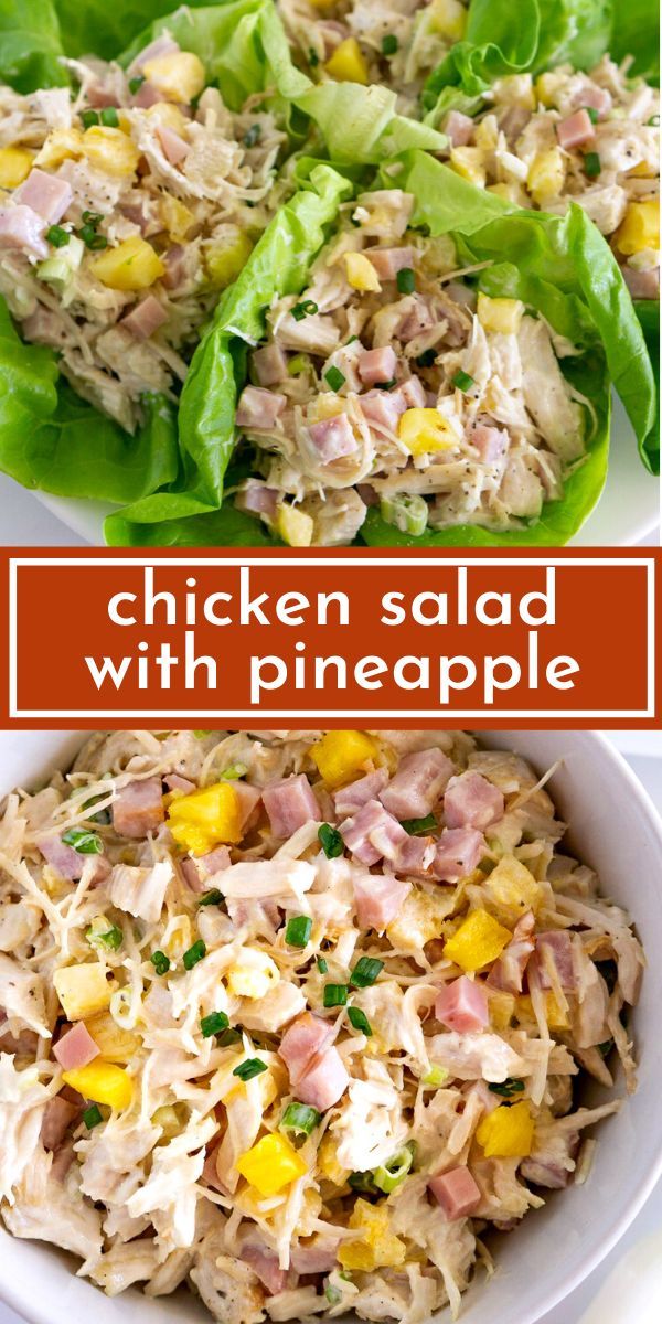 chicken salad with pineapple in lettuce leaves and on the side is a white plate