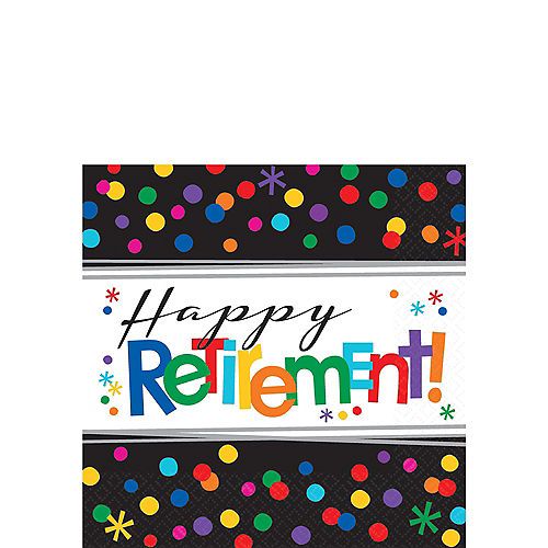 a happy retirement party napkin with colorful confetti on the front and black background